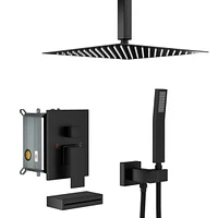 12" Rain Shower Head Systems With Waterfall Tub Spout, Matte Black, Ceiling Mounted Shower