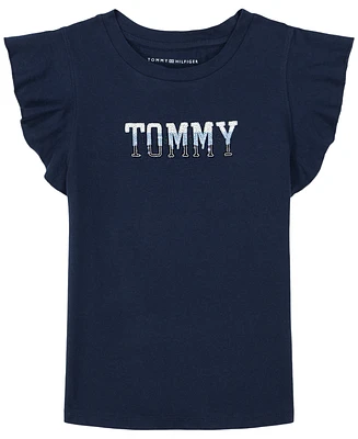 Tommy Hilfiger Big Girls Cotton Flutter-Sleeve Sequin Logo T-Shirt