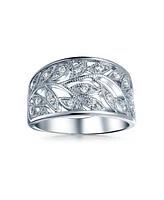 Bling Jewelry Pave Cubic Zirconia Open Filigree Wide Leaves Leaf Band Ring For Women Sterling Silver