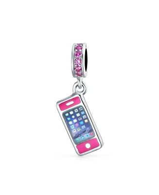 Bling Jewelry Pink Cellular Cell Mobile Smart Phone Dangle Charm Bead For Women Enamel Sterling Silver Fits European Bracelet