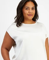 Tahari Asl Plus Size Satin Boat-Neck Cap-Sleeve Top