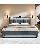 Streamdale Furniture Grey Upholstered Platform Bed with Storage & Led