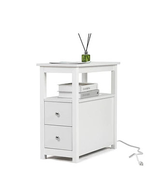 Streamdale Furniture End Table With Charging Station, Narrow Sofa Side Table, Wooden Nightstand, Bedroom, White