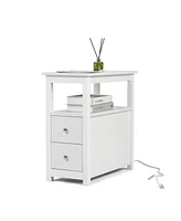 Simplie Fun End Table With Charging Station, Narrow Sofa Side Table, Wooden Nightstand, Bedroom, White