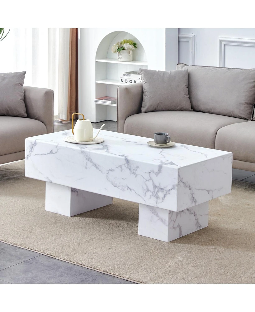 Simplie Fun Modern White Coffee Table with Patterns, Perfect for Living Rooms, 43.3"x21.6"x17.2"