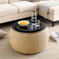 Streamdale Furniture Round Storage Ottoman, 2 In 1 Function, Work As End Table And Ottoman, Natural (25.5"X25.5"X14.5")