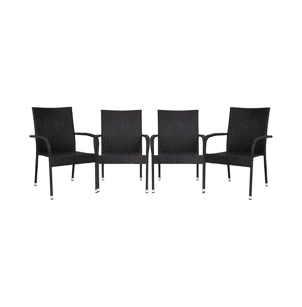 Merrick Lane Set Of 4 Mathias Indoor/Outdoor Black Wicker Patio Chairs With Powder Coated Steel Frame, Comfortably Curved Back And Arms