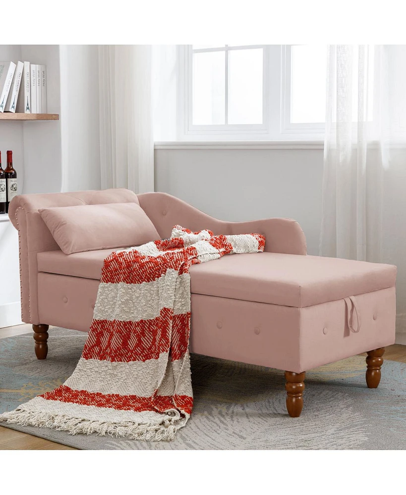 Velvet Chaise Lounge with Storage & Pillow
