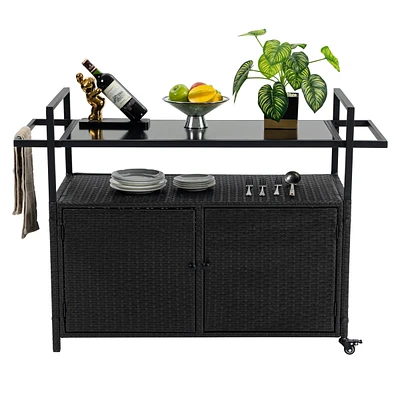 Wicker Bar Cart with Wheels, Glass Top