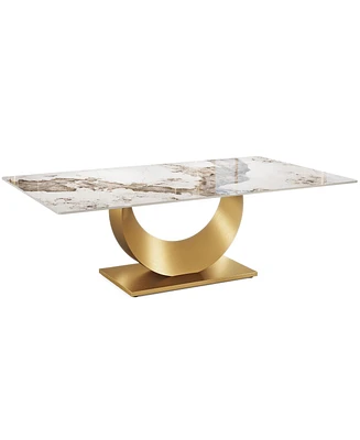 Tribesigns 78.7" Sintered Stone Dining Table, Luxury Kitchen Table with Snowy White Pandora Sintered Stone Tabletop, Dinner Table with Golden Stainles