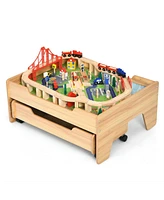 Sugift Children's Wooden Railway Set Table with 100 Pieces Storage Drawers