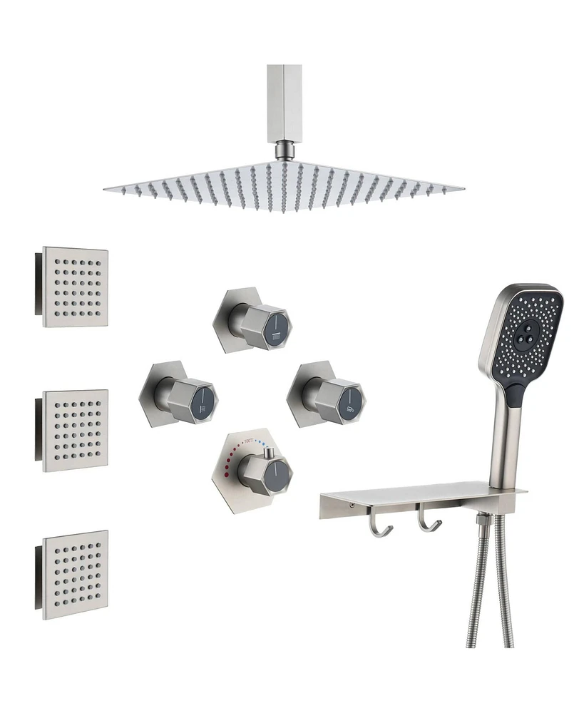 Mondawe 12" Ceiling Mounted Thermostatic Shower System Set with Included Handheld Spray & 6 Body Jets, Brushed Nickel