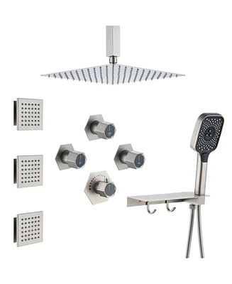 Mondawe 12" Ceiling Mounted Thermostatic Shower System Set with Included Handheld Spray & 6 Body Jets, Brushed Gold