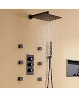 Mondawe 12" Wall Mounted Thermostatic Luxury Shower System Set with Handheld Spray & 6 Body Jets, Chrome