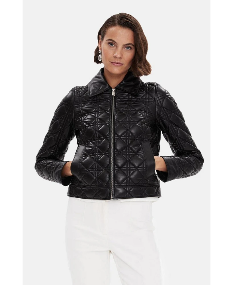 Furniq Uk Women's Genuine Leather Quilted Bomber Jacket, Black