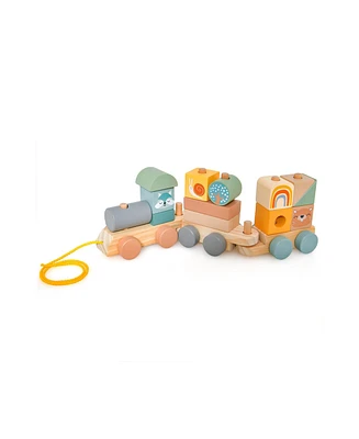 Slickblue Wooden Toy Train Set with Stacking Wooden Blocks and Cute Animal Patterns