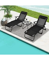 Slickblue 3 Pieces Patio Folding Chaise Lounge Set with Pvc Tabletop-Black