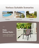 Gymax 4PCS Patio Stacking Dining Chairs w/ Curved Armrests & Breathable Seat Fabric Brown
