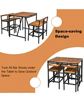 Gymax 5PCS Patio Bar Table Set Pe Rattan High-Dining Bistro Set w/ Acacia Wood Top