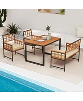 Costway 4 Piece Patio Dining Set Outdoor Wood Dining Furniture with 2 Chairs & 1 Lovesea