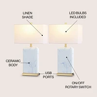 Jonathan Y Chloe 24.5" Modern Coastal Iron/Marbled Ceramic Led Table Lamp with Usb Charging Port, Blue/White (Set of 2)