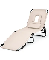 Slickblue Outdoor Folding Chaise Beach Pool Patio Lounge Chair Bed with Adjustable Back and Hole