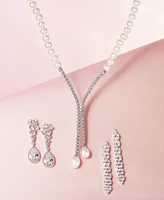 Arabella Cultured Freshwater Pearl (5mm & 10 x 8mm) & Cubic Zirconia Lariat Necklace in Sterling Silver, Created for Macy's