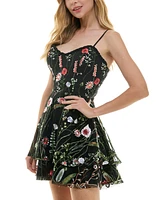 City Studios Juniors' Sweetheart-Neck Fit & Flare Floral-Embroidered Dress