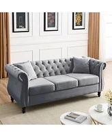 Streamdale Furniture Grey Velvet Tufted 3-Seater Sofa with Pillows