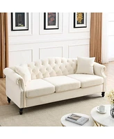 Simplie Fun Beige Velvet Chesterfield Sofa with Rolled Arms