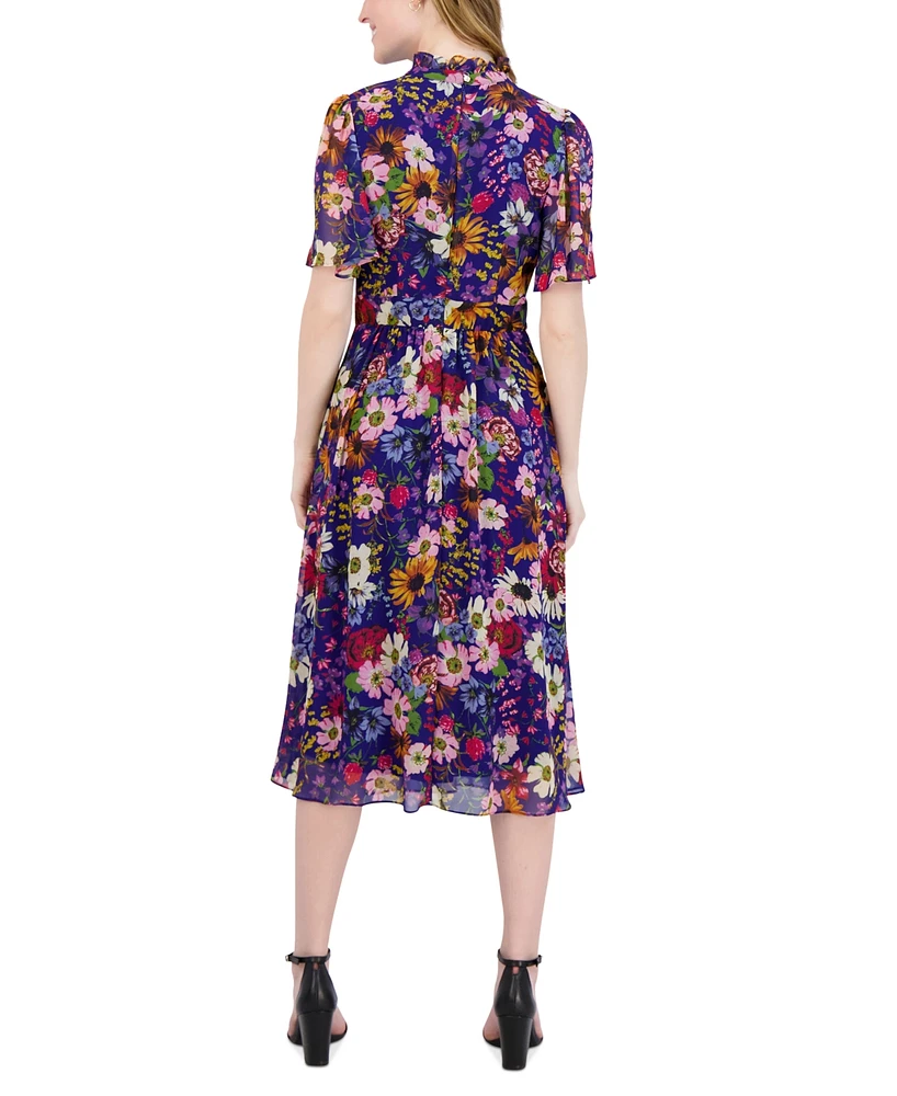 julia jordan Women's Mock Neck Flutter-Sleeve Midi Dress
