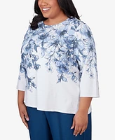 Alfred Dunner Plus Classic Floral Shimmer Three Quarter Sleeve Top