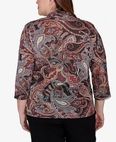 Alfred Dunner Plus Size Classic Metallic Paisley Two In One Top With Necklace