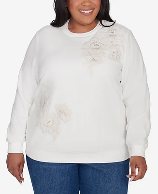 Alfred Dunner Plus Classic Sherpa Floral Embroidered Sweater