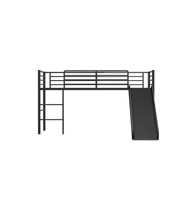 Slickblue Twin Metal Loft Bed with Slide Safety Guardrails and Built-in Ladder