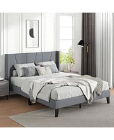 Slickblue Bed Frame with Wingback Headboard and Wood Slat Support