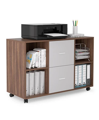 Simplie Fun 2-Drawer Lateral Filing Cabinet with 4 Open Cabinets, Walnut/Light Gray