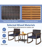 3 Pcs Patio Rattan Rocking Chair Bistro Set Armrest Cushion Table with Storage Shelf