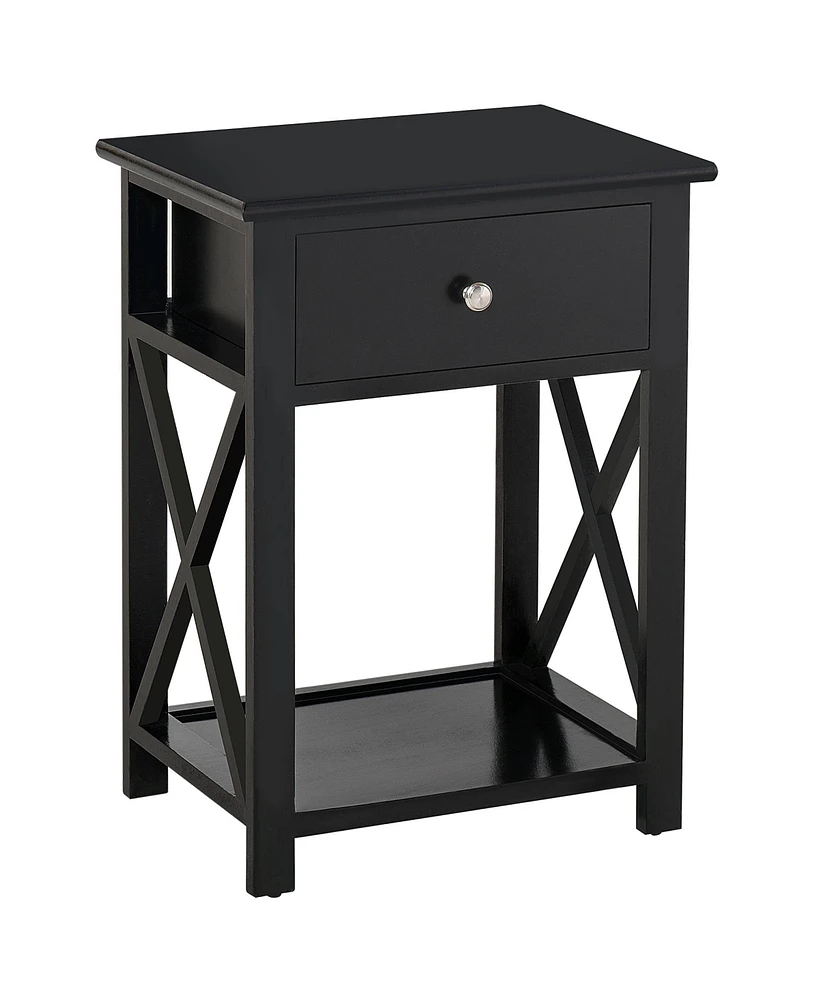 Simplie Fun Black Farmhouse Side Table with Storage and X-frame Shelf