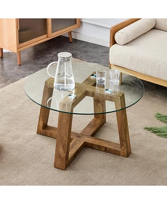 Simplie Fun Circular glass and wood coffee tables, 31.5"x31.5"x17.7"