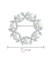 Bling Jewelry Elegant Holiday Marquise Cz Cubic Zirconia Round 8MM White Simulated Pearl Wreath Circle Scarf Brooch Pin For Women