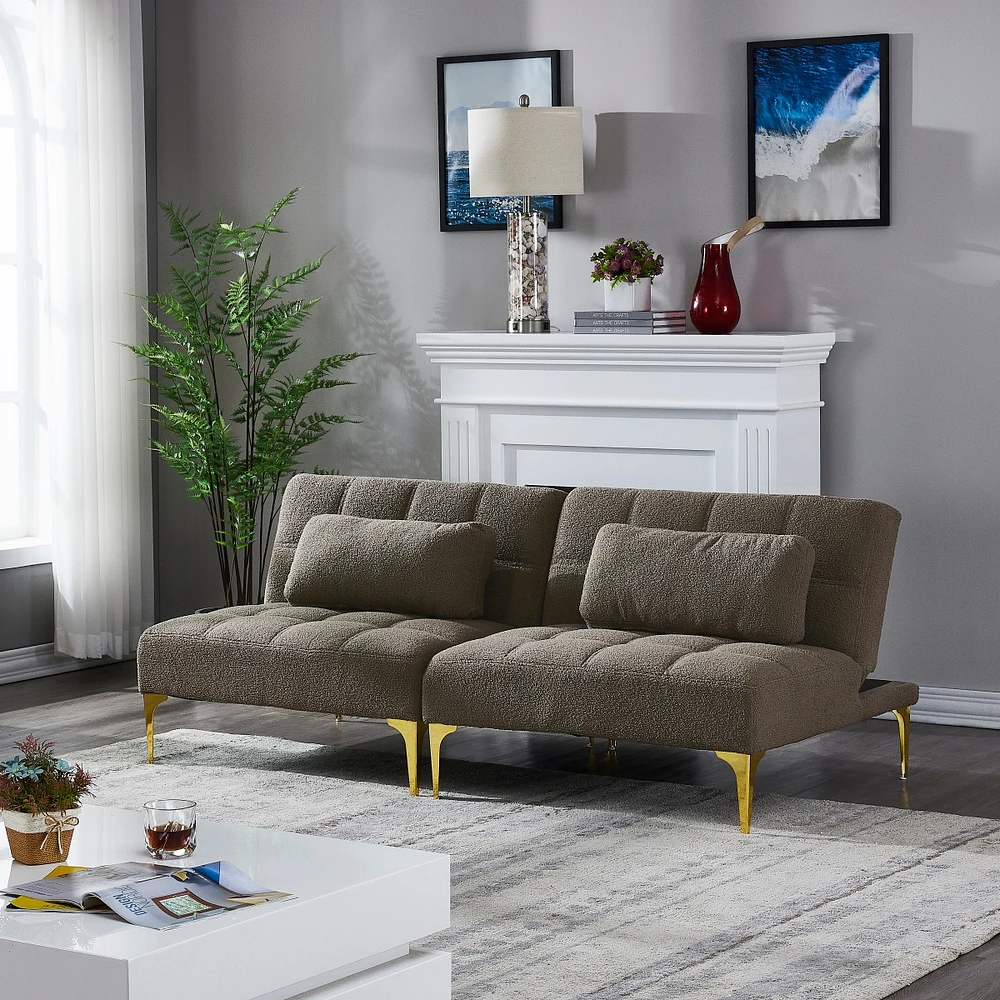 Simplie Fun Convertible Sofa Bed Futon With Gold Metal Legs Teddy Fabric (Taupe)