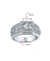 Bling Jewelry Square Cut Halo Cz Art Deco Style Princess Promise Ring For Women Wide 3 Row Band Sterling Silver