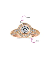 Bling Jewelry Art Deco Style Milgrain Edge Halo Cubic Zirconia Circlet Round Solitaire Promise Ring Rose Gold Plated .925 Sterling Silver