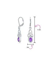 Bling Jewelry Irish Love Knot Oval Bezel Set Purple Natural Amethyst Dangle Celtic Knot Earrings For Women Sterling Silver Lever Back