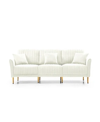 Simplie Fun Contemporary Velvet Upholstered 3 Seater Sofa With Deep Channel Tufting And Gold Metal Legs, Cream