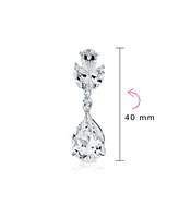 Bling Jewelry Cubic Zirconia Cz Pear Shape Teardrop Drop Dangle Clip-On Earrings For Women For Prom Rhodium Plated Brass