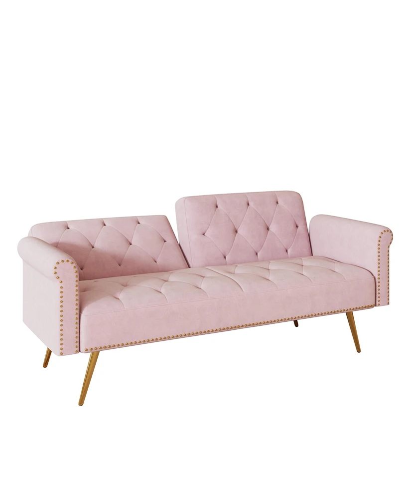 Simplie Fun 69.7 Inch Pink Velvet Nail Head Sofa Bed With Throw Pillow