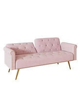 Simplie Fun 69.7 Inch Pink Velvet Nail Head Sofa Bed With Throw Pillow