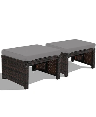 Gymax Set of 2 Rattan Ottoman Footrest Footstool Patio Furniture w/ White Cushion